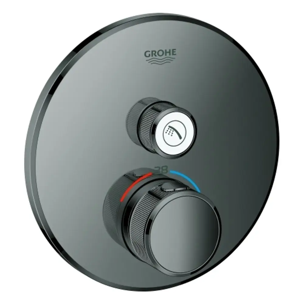 Thermostat mit runder Oberfläche und zwei Drehknöpfen zur Temperatureinstellung, ausgestattet mit einem integrierten Symbol für die Duschfunktion. Marke Grohe.