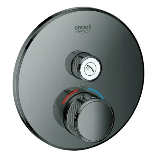 Thermostat mit runder Oberfläche und zwei Drehknöpfen zur Temperatureinstellung, ausgestattet mit einem integrierten Symbol für die Duschfunktion. Marke Grohe.