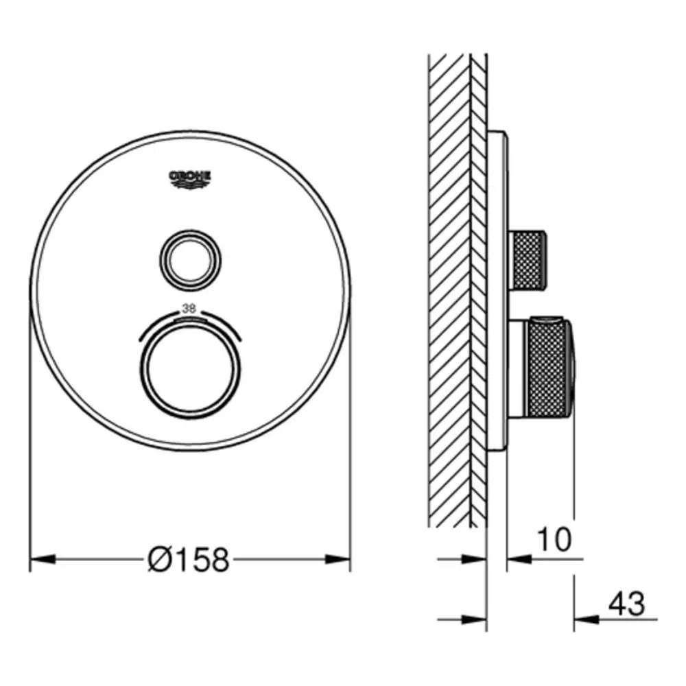 Rundes Thermostat mit zwei Knöpfen und einem zentralen Bereich, angebracht an einer Wand, von der Marke Grohe.