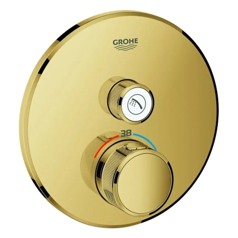 Runder Thermostat von Grohe mit zwei Drehknöpfen zur Temperatur- und Wasserregelung. Ein markiertes Temperaturfeld zeigt die aktuelle Einstellung an.