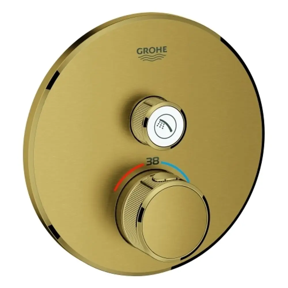 Rundes Bedienelement für Dusche oder Badewanne von Grohe mit Temperatur- und Wassermengenregler in einer goldenen Oberfläche. Anzeige von 38 °C und Wassersymbol.