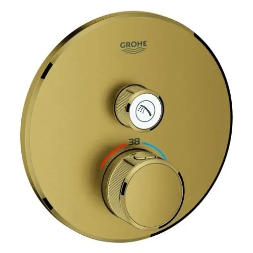 Rundes Bedienelement für Dusche oder Badewanne von Grohe mit Temperatur- und Wassermengenregler in einer goldenen Oberfläche. Anzeige von 38 °C und Wassersymbol.