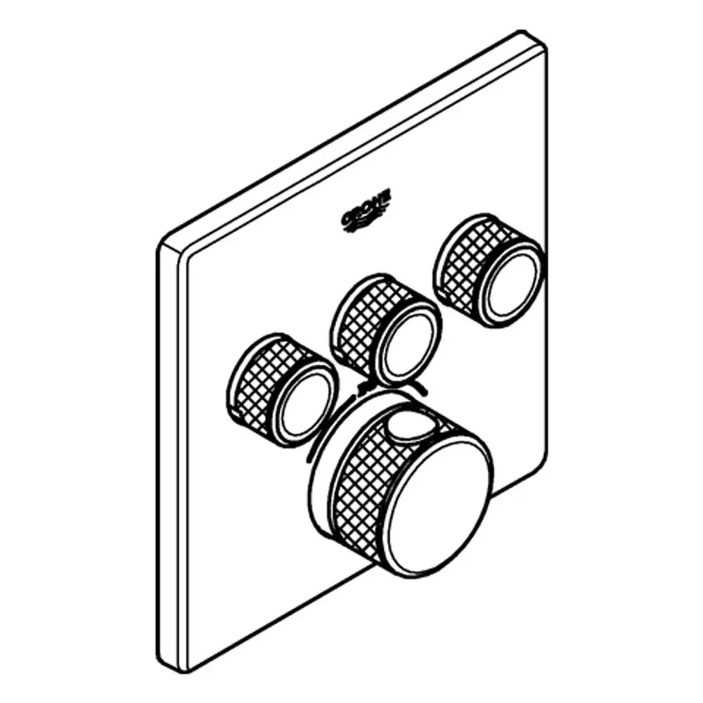 Bedienelement mit mehreren Reglern auf einer flachen Oberfläche, in einer matten Graphitfarbe. Das Produkt stammt von Grohe und ist für thermostatische Anwendungen konzipiert.