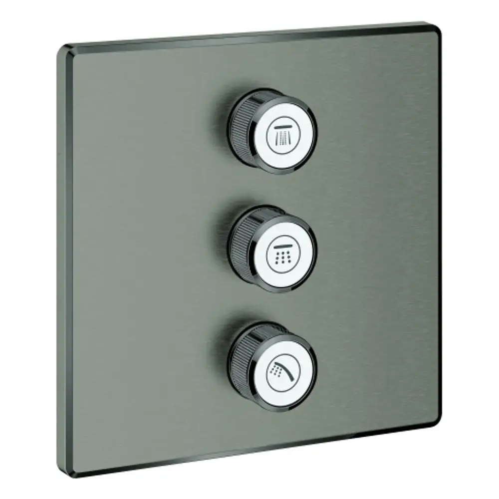 Bedienelement mit drei Drehreglern auf einer metallischen Oberfläche von Grohe, mit Symbolen für verschiedene Wasserstrahloptionen.