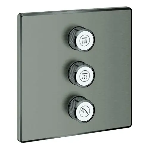 Bedienelement mit drei Drehreglern auf einer metallischen Oberfläche von Grohe, mit Symbolen für verschiedene Wasserstrahloptionen.