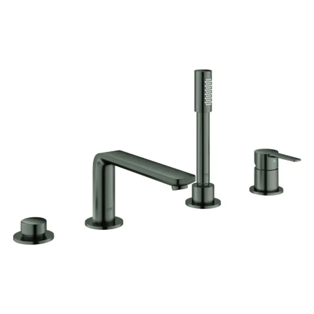 GROHE-Wannenkombination mit vier Komponenten in hard graphite. Enthält eine Armatur mit einem Haupthahn, einen Handbrausekopf und zwei Steuerungsmöglichkeiten.