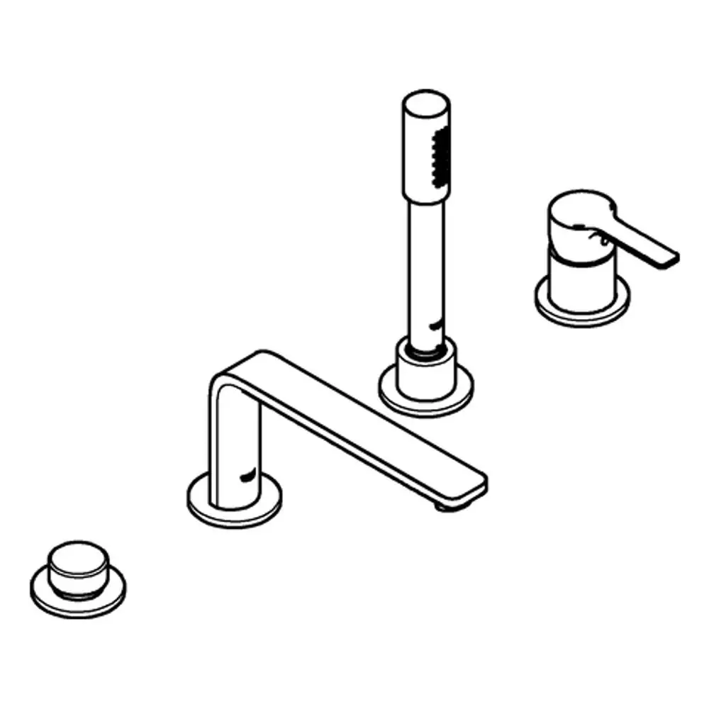 GROHE 4-Loch-Wannenkombination mit zwei Griffen und einer langen, flachen Auslaufarmatur. Abgebildet in einer ansprechenden, gebürsteten Oberflächenoptik.
