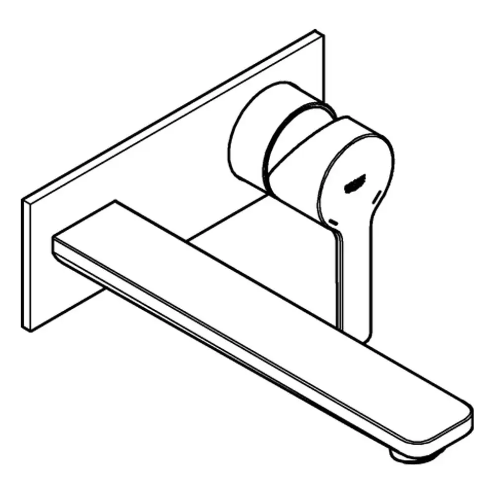 Wandbatterie in minimalistischer Form mit zwei Auslässen, montiert an einer Wand. Der Grohe Wasserhahn zeigt ein schlichtes Design in gebürstetem Finish.