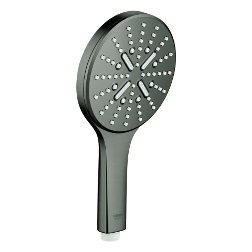 Brausekopf mit runder Form und verschiedenen Wasserstrahloptionen. Hergestellt von Grohe in einer dunklen, matten Oberfläche. Anschluss für Standard-Duschschläuche.