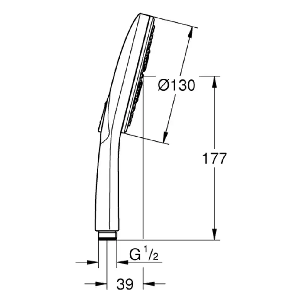 Grohe Handbrause in graphitfarbenem Design, mit ergonomischem Griff und dreieckigem Düsenauslass, abgebildet in Seitenansicht mit Maßangaben.