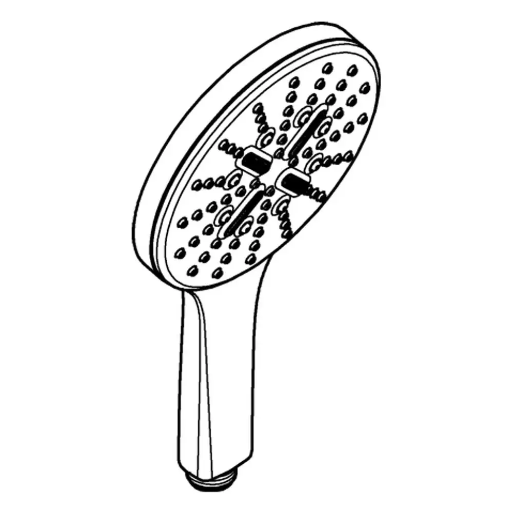 Grohe Handbrause mit runder, flacher Kopfplatte, ausgestattet mit Düsen in gleichmäßiger Anordnung für Wasserstrahl, montiert auf einem ergonomischen Griff.