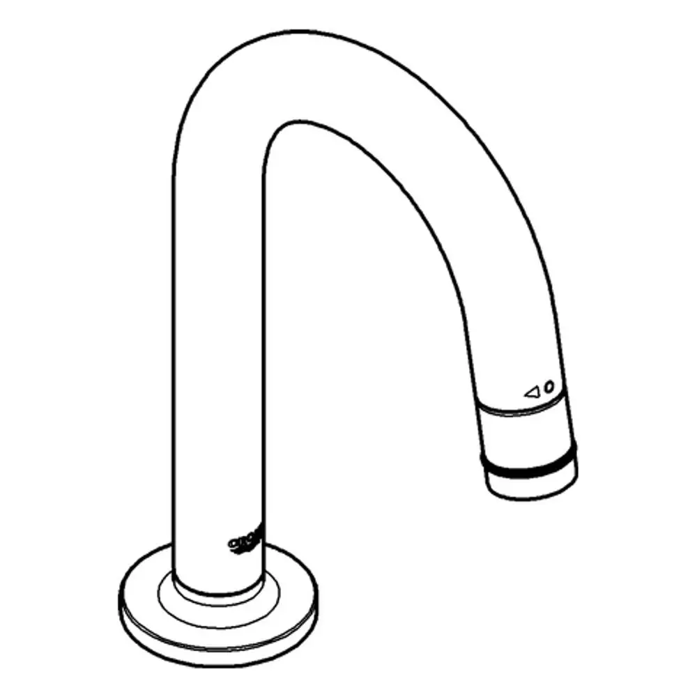 Waschtischarmatur mit gebogenem Auslauf von Grohe, in einer minimalistischen Form, montiert auf einem runden Sockel. Standventil mit klaren Linien für verschiedene Waschbecken.