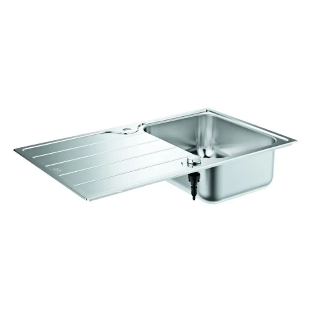 GROHE Edelstahlspüle mit einem Becken und einer Abtropffläche. Das Design zeigt eine klare, moderne Ausführung in Edelstahloptik.