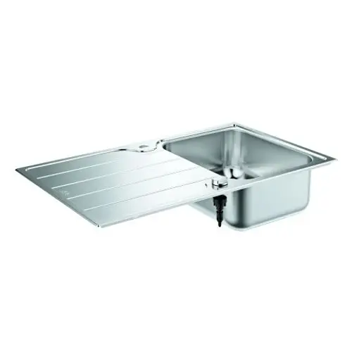 GROHE Edelstahlspüle mit einem Becken und einer Abtropffläche. Das Design zeigt eine klare, moderne Ausführung in Edelstahloptik.
