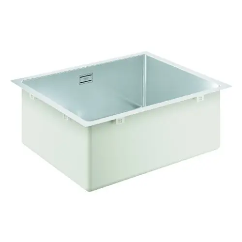 Grohe Edelstahlspüle mit quadratischem Becken und flachem Rand. Die Innenfläche ist aus glänzendem Edelstahl, die äußere Fläche ist in einer matten Farbe gehalten.