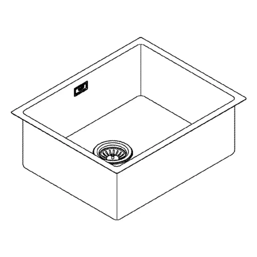 Unterbau-Edelstahlspüle von Grohe mit einbeinigem Design und zentralem Abfluss. Das Bild zeigt die Spüle in einfacher Perspektive ohne weitere Elemente.