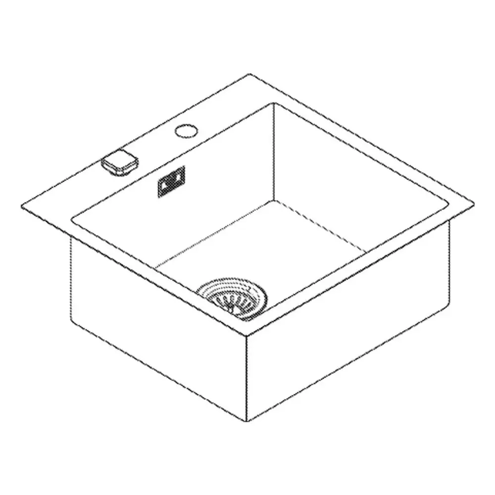 Edelstahlspüle von Grohe mit einem Becken, rechteckiger Form. Übersichtliche Gestaltung mit Abfluss und Bedienelementen auf der Oberfläche.