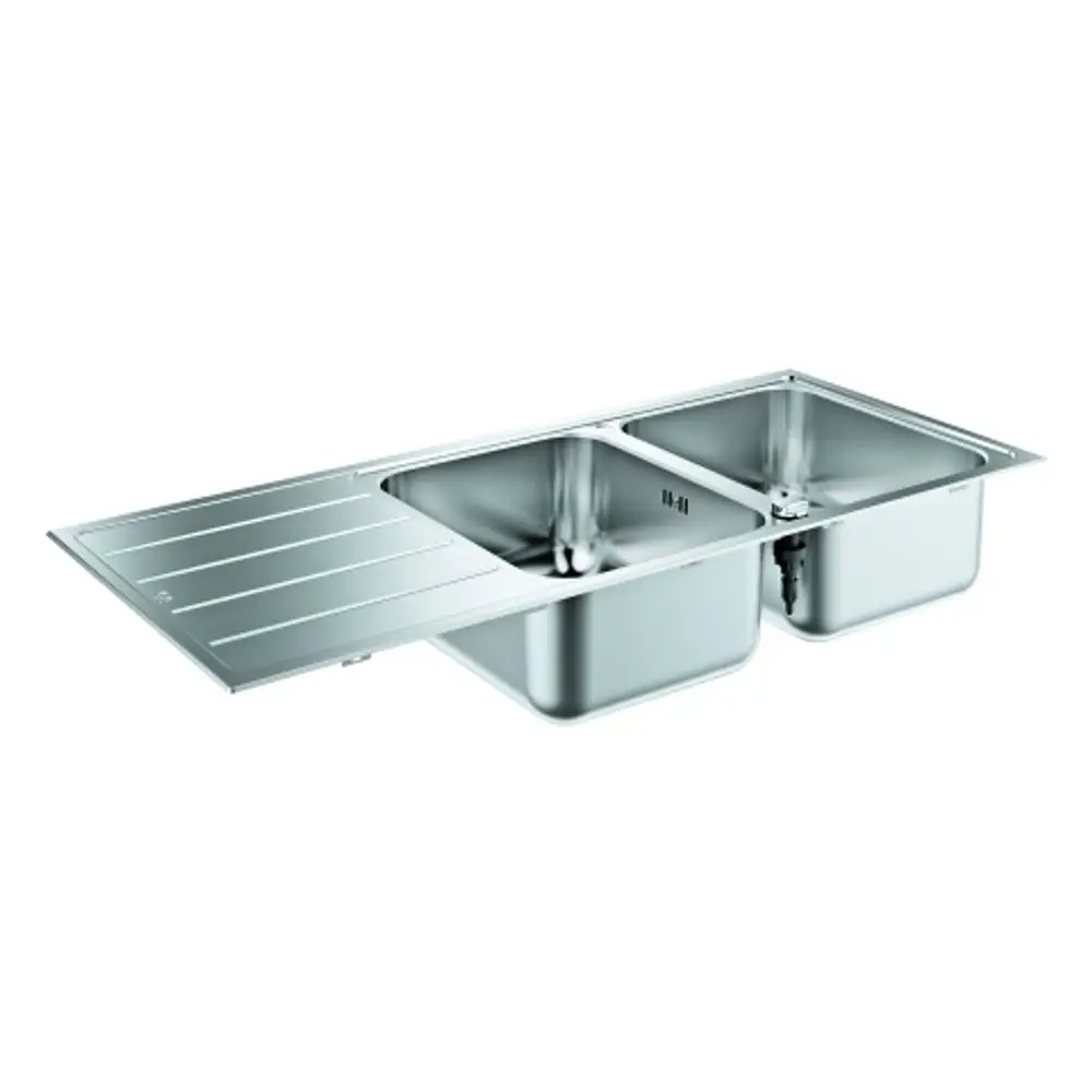 GROHE Edelstahlspüle mit zwei Becken und einer integrierten Abtropffläche, ausgestattet für eine effiziente Nutzung in der Küche.