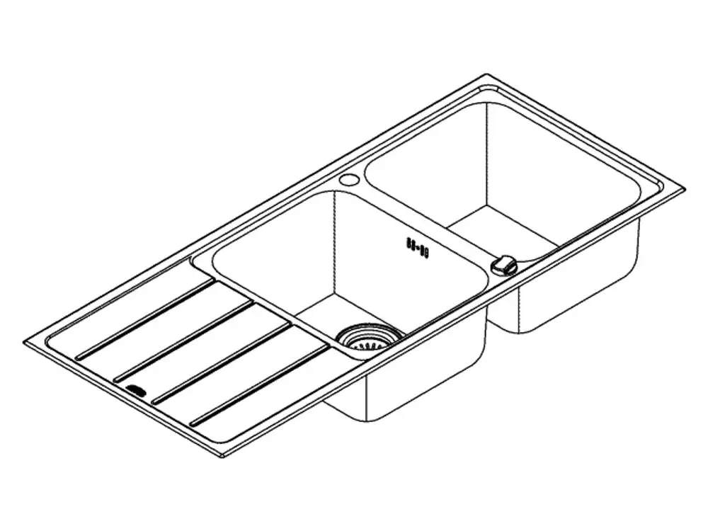 Grohe Edelstahlspüle mit zwei Becken und einer Abtropffläche, rechteckiger Form und mehreren Streifen zur Ablage, einfaches Design für Küchennutzung.