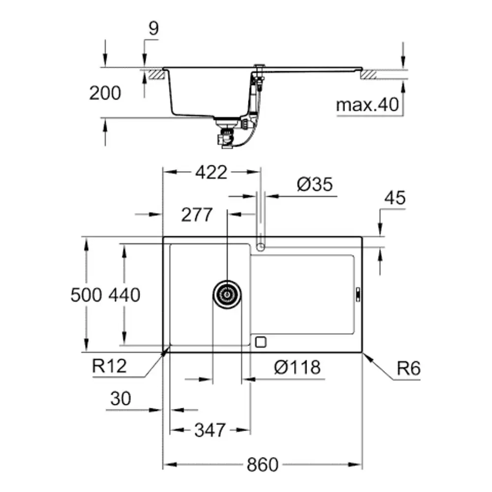 GROHE Spüle mit einem Becken, gezeichnete Maße, Abflussrohr und Befestigungselemente sind sichtbar. Die Konstruktion zeigt eine spezifische Form und Dimensionierungen.