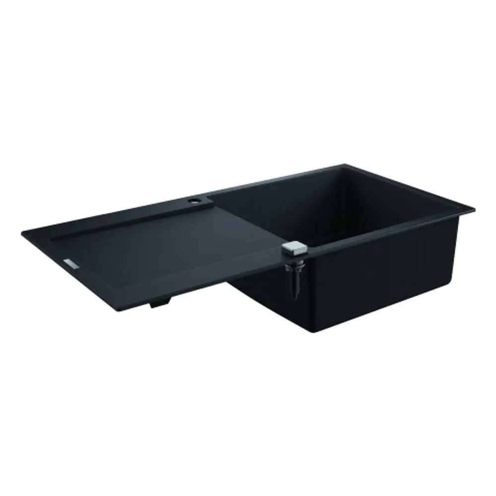 Schwarze Kompositspüle von Grohe mit einer drehbaren Abdeckung. Sie besitzt ein einziges Becken und eine praktische Lösung für Küchenanwendungen.