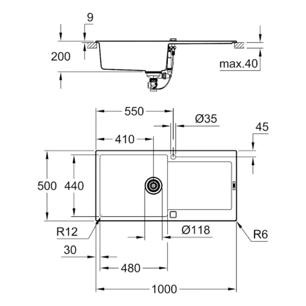 Grohe Spüle mit einem Becken, rechteckiger Form. Oben gefräste Kanten und genaue Maße, einschließlich Abflussöffnung. Geeignet für Einbau in Küchen.
