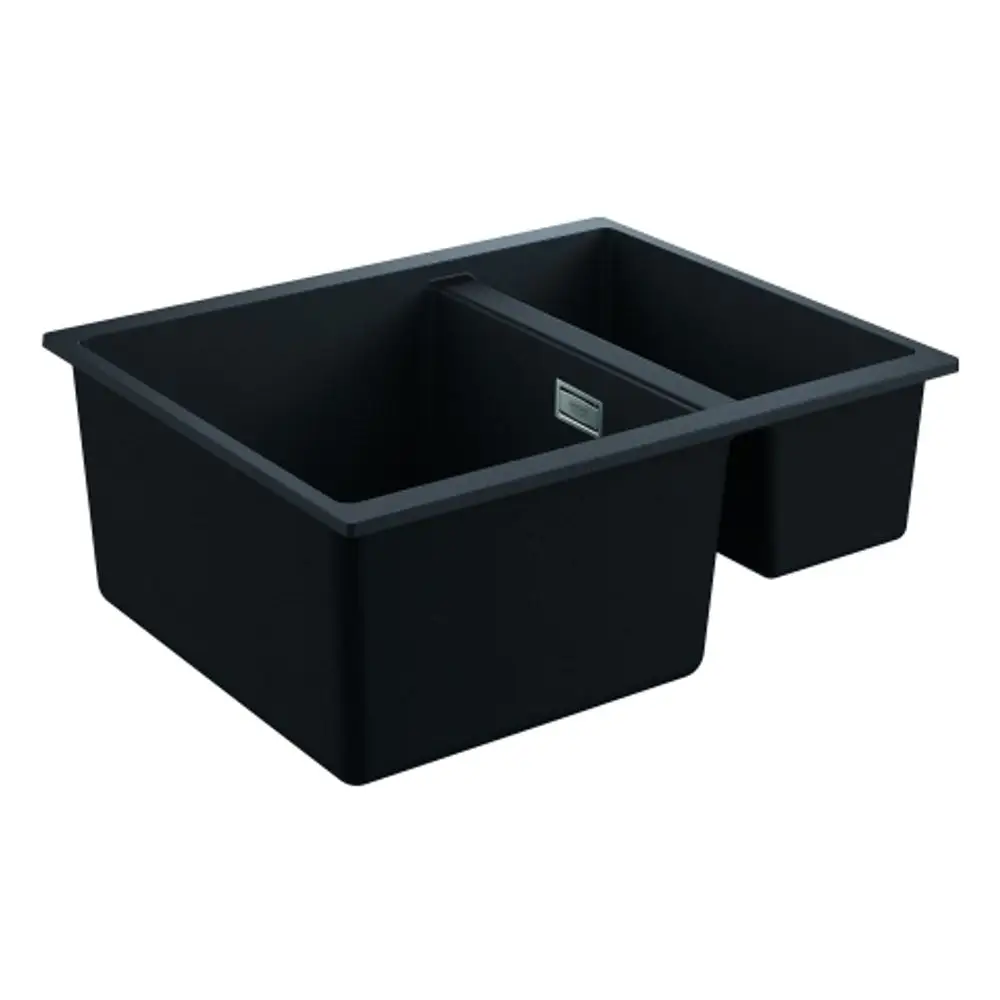 Grohe Kompositspüle mit zwei Becken, rechteckiger Form und unterteiltem Design, in schwarz, geeignet für die Montage in Küchen.