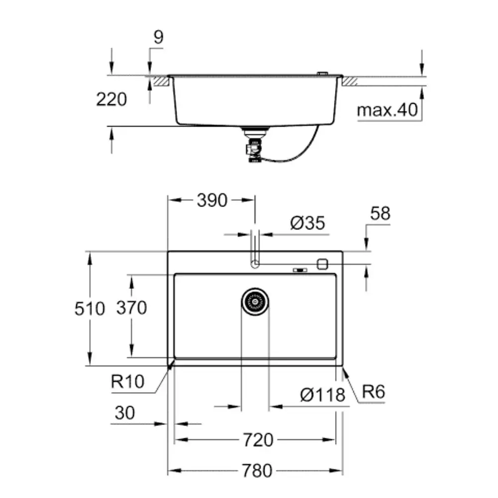 Schwarzgranite Spüle mit einem Becken und einer seitlichen Armatur. Oben mit genauen Abmessungen und Anschlusspunkten. Grohe-Logo unterhalb der Armatur.