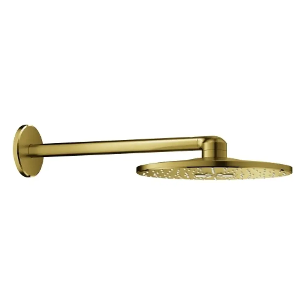 Grohe Kopfbrause mit runder, flacher Duschfläche und schwarzem Anschlussrohr, montiert an einer Wandhalterung. Dusche im minimalistischen Design.