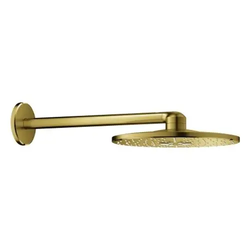 Grohe Kopfbrause mit runder, flacher Duschfläche und schwarzem Anschlussrohr, montiert an einer Wandhalterung. Dusche im minimalistischen Design.