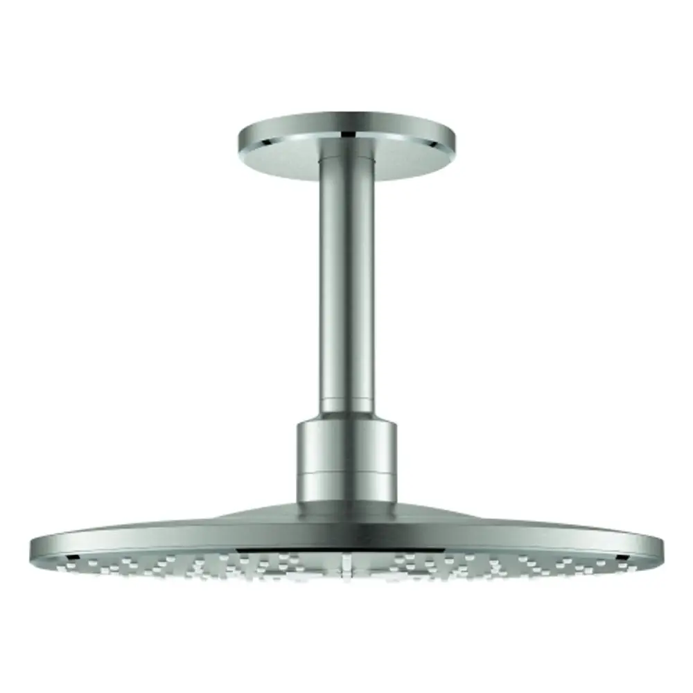 Duschkopf von Grohe, rund mit flachem Design, montiert an einem vertikalen Ständer. Die Oberfläche ist in mattem Edelstahl gehalten.