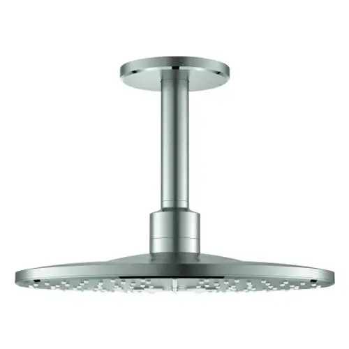 Duschkopf von Grohe, rund mit flachem Design, montiert an einem vertikalen Ständer. Die Oberfläche ist in mattem Edelstahl gehalten.