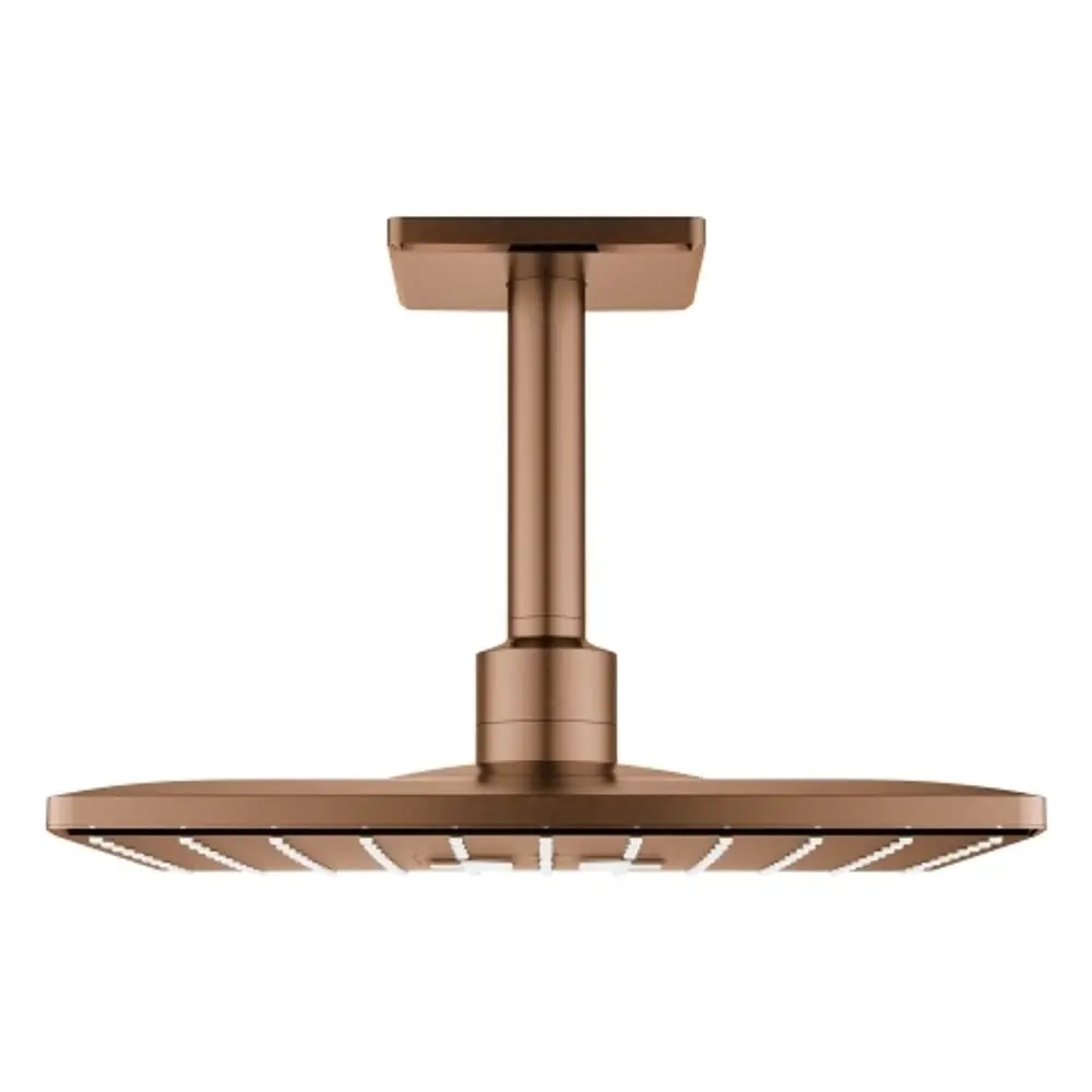 Grohe Kopfbrause mit flacher, rechteckiger Oberseite und einem kurzen, mittigen Stützrohr in einer warmen, bronzefarbenen Oberfläche.