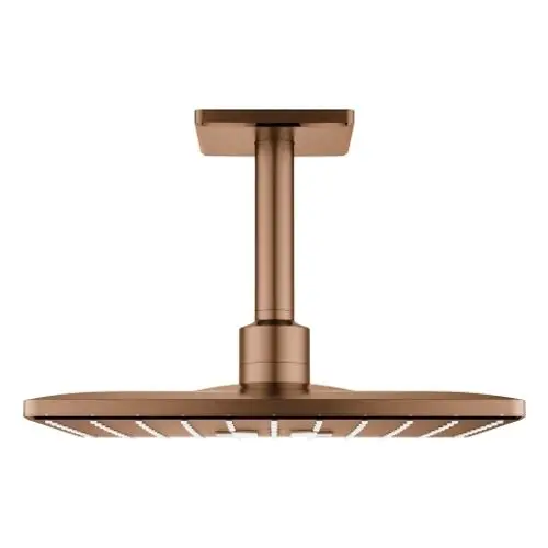 Grohe Kopfbrause mit flacher, rechteckiger Oberseite und einem kurzen, mittigen Stützrohr in einer warmen, bronzefarbenen Oberfläche.