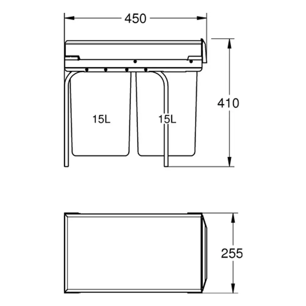 Mülltrennsystem von Grohe mit zwei 15-Liter-Behältern. Oben befindet sich eine Abdeckung, die auf einem stabilen Gestell montiert ist.