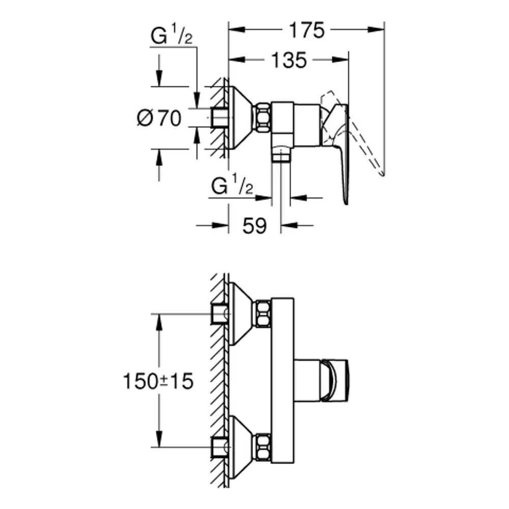 Grohe-Wandmontagearmatur mit Funktionshebel und Anschlüssen. Sichtbaredimensionen und Installationsdetails sind im technischen Diagramm dargestellt.