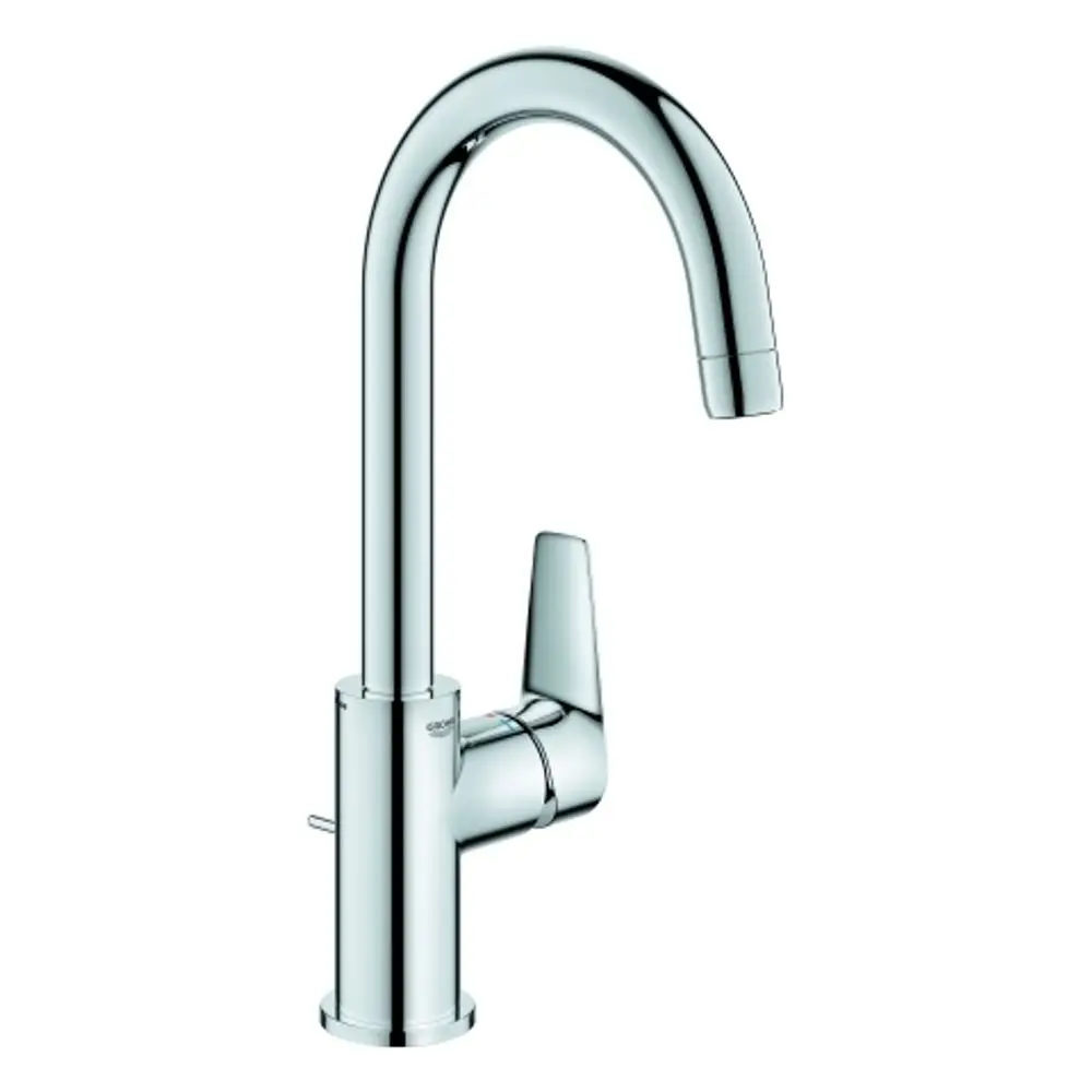 Wasserhahn von Grohe mit hochgezogenem Auslauf und seitlichem Hebel zur Temperatur- und Mengenregulierung, verchromte Oberfläche, schlichtes Design.