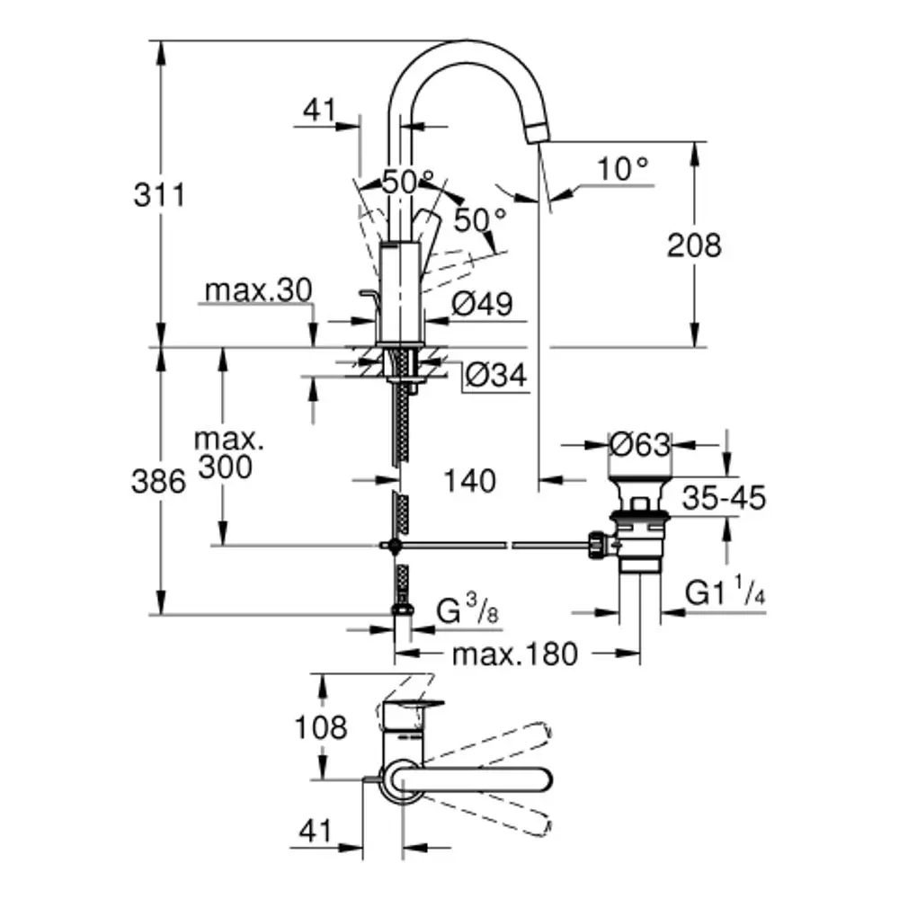 Grohe Waschtischbatterie mit einem hohen Auslauf und zwei Hebeln. Technische Zeichnung zeigt Abmessungen und Montageinformationen für die Installation.