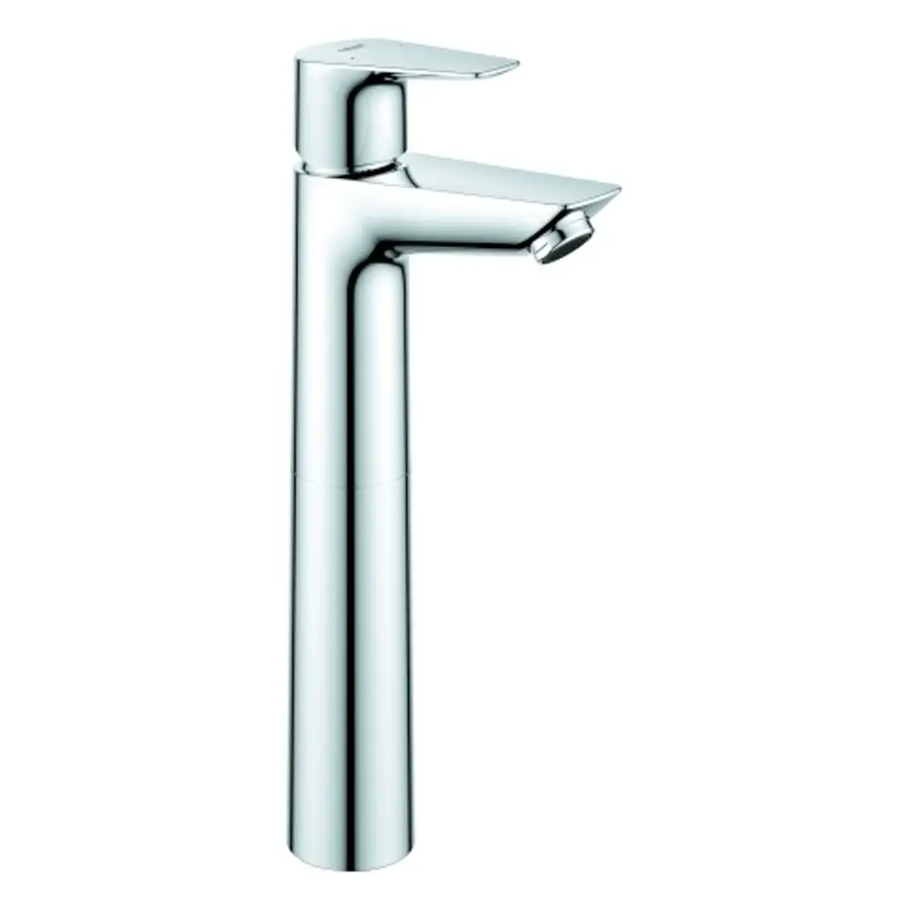 Hochformatige Wasserarmatur mit glattem, metallischem Körper und einem Hebel. Das Design ist schlicht und modern, typisch für Produkte von Grohe.