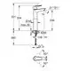 GROHE Waschtischbatterie mit einem glatten Körper, verschiedenen Maßangaben und einer beweglichen Auslaufhöhe, in chrom. Technische Zeichnung mit Dimensionen und Anschlussdetails.