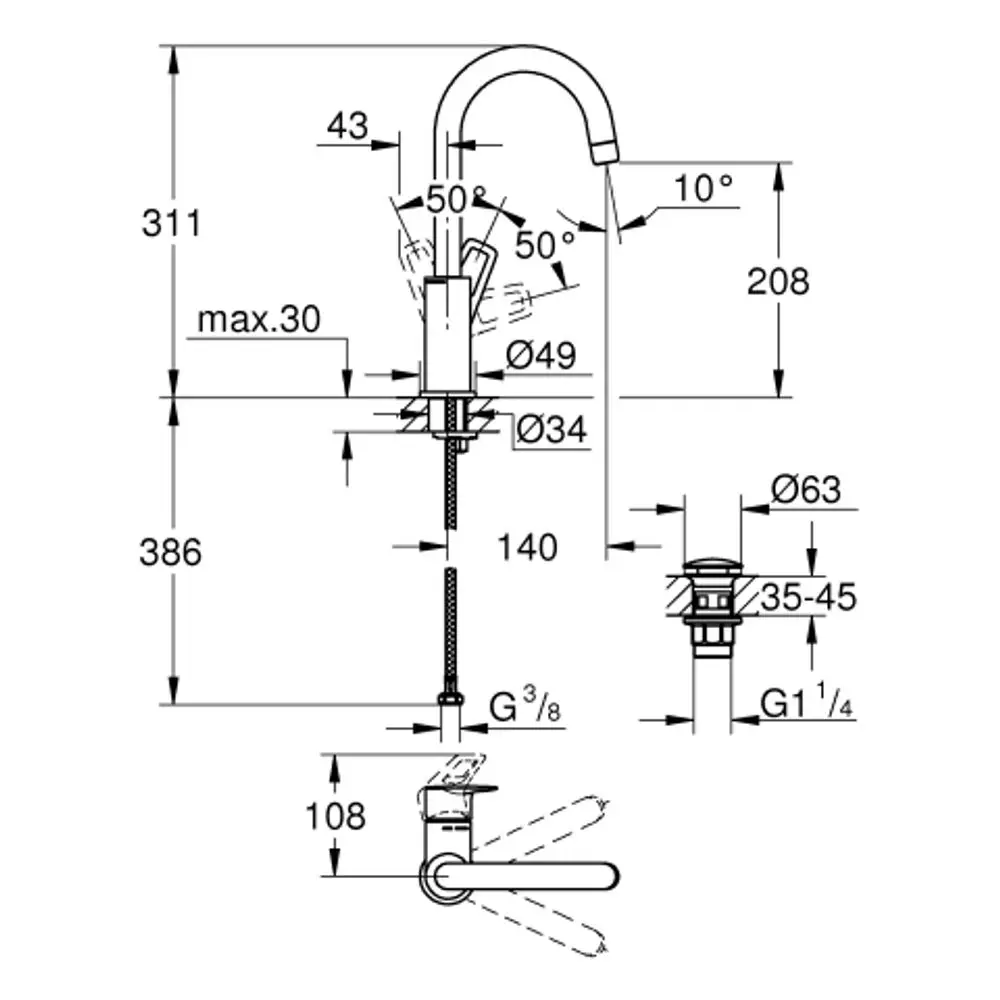 Technische Zeichnung einer Grohe Badarmatur mit verschiedenen Maßen und Anschlussdetails, einschließlich Bewegungswinkel und Durchmesserangaben.