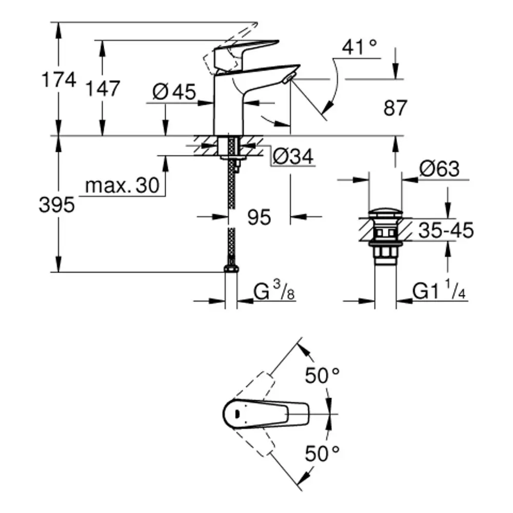 Technische Zeichnung eines Grohe Wasserhahns mit Abmessungen und Montagehinweisen. Enthält Details wie Schwenkbereich und Anschlussgrößen.