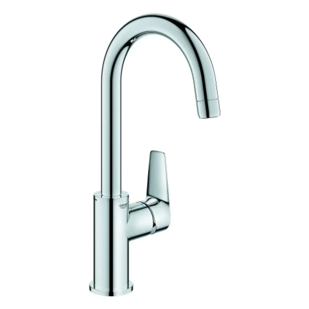 Chromfarbener Wasserhahn von Grohe mit einem hochgebogenen Auslauf und seitlichem Bedienhebel, geeignet für moderne Badezimmer- oder Kücheneinrichtungen.