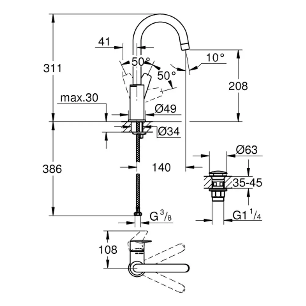 Grohe Armatur mit ausgezogenem Wasserhahn und einem entsprechenden Ablaufgarnitur. Technische Zeichnung zeigt Maße und Details der Installation.