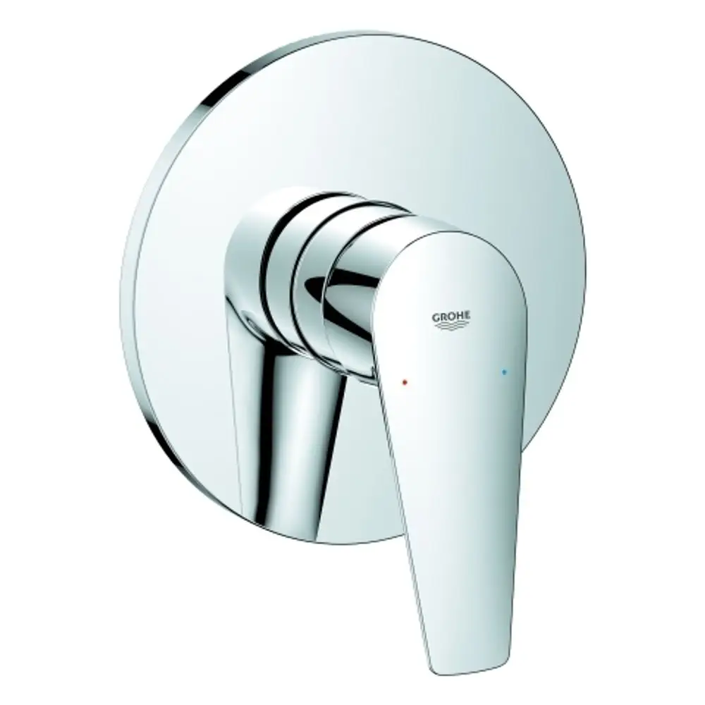Grohe-Wasserhahn mit einem runden Montageflansch und einem einheblichen Bedienhebel. Der Hebel hat rote und blaue Markierungen für Warm- und Kaltwasser.