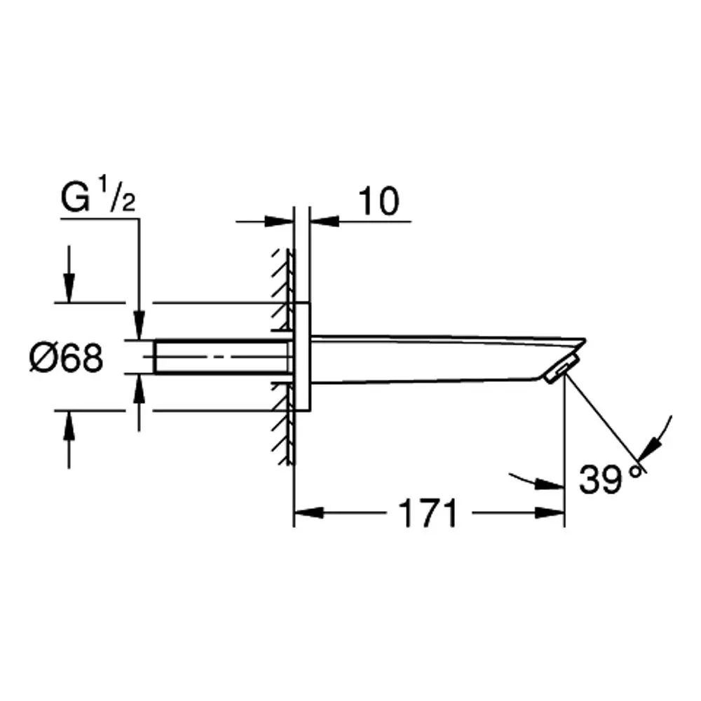 Wandmontierter Einlauf aus chrom mit einer Ausladung und einem geneigten Auslauf, dargestellt in technischem Diagramm. Produkteigenschaften von Grohe sind erkennbar.