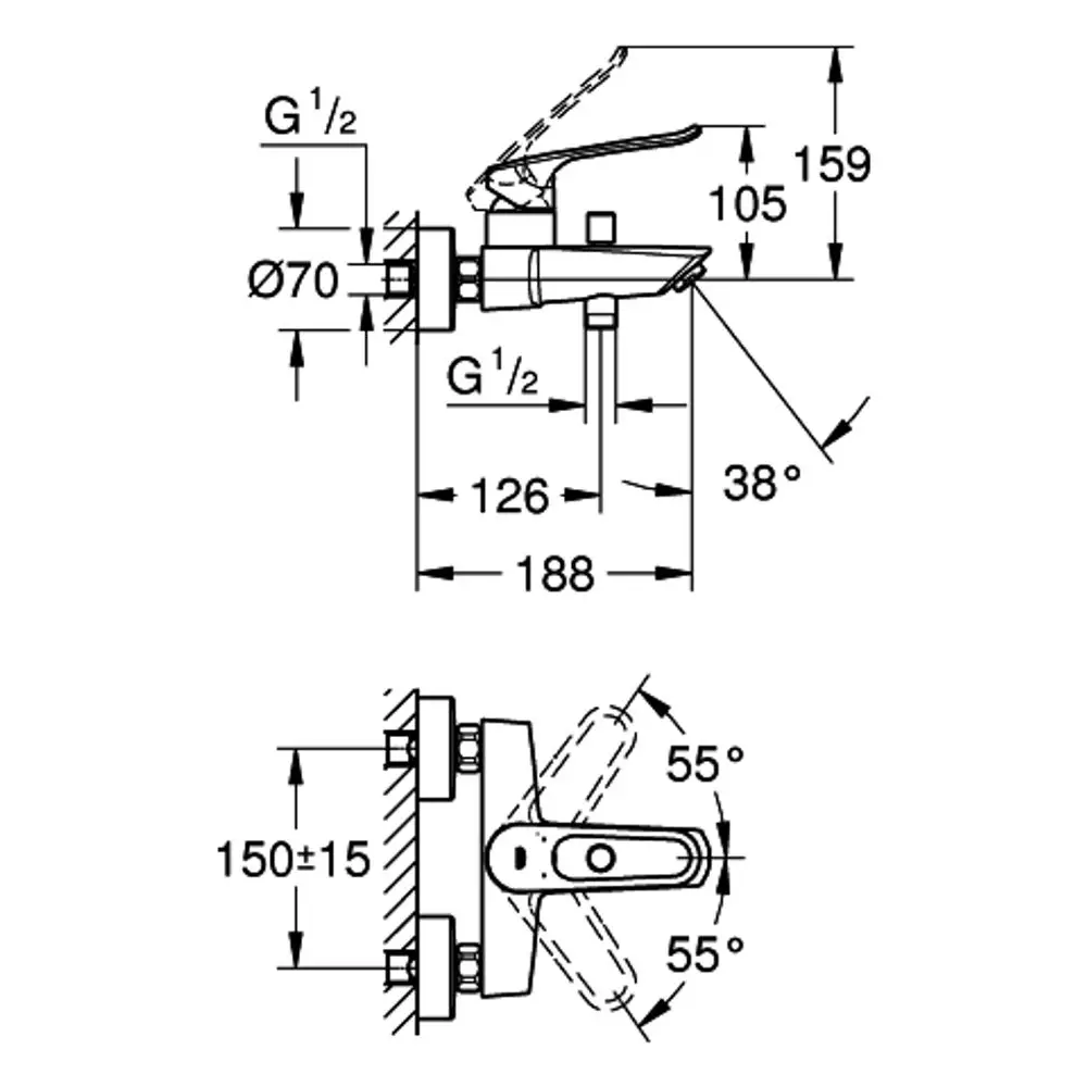 GROHE-Wannenbatterie mit Wandmontage und offenem Hebel, technische Zeichnung mit Abmessungen und Montageanleitung.