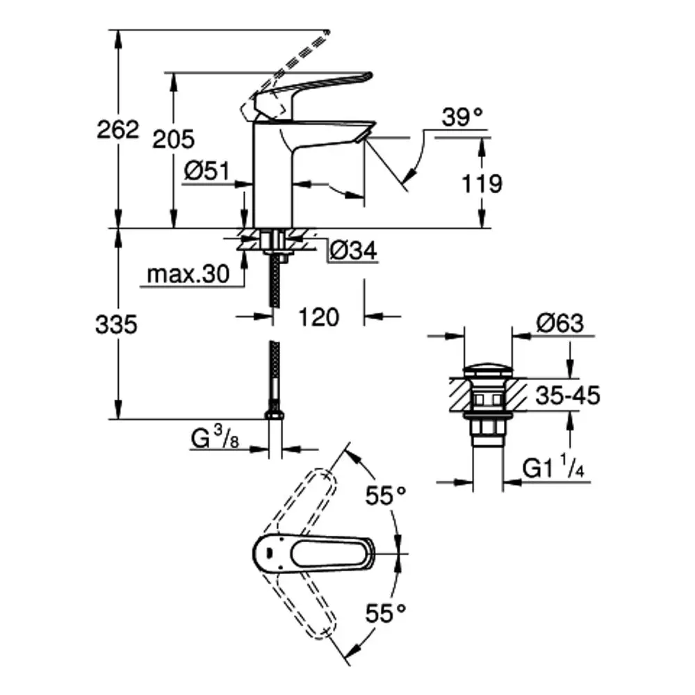 GROHE Wasserhahn mit offenem Hebel, seitlicher Bedienelement und Ablaufsystem, technische Zeichnung mit Maßangaben und Details zur Montage.