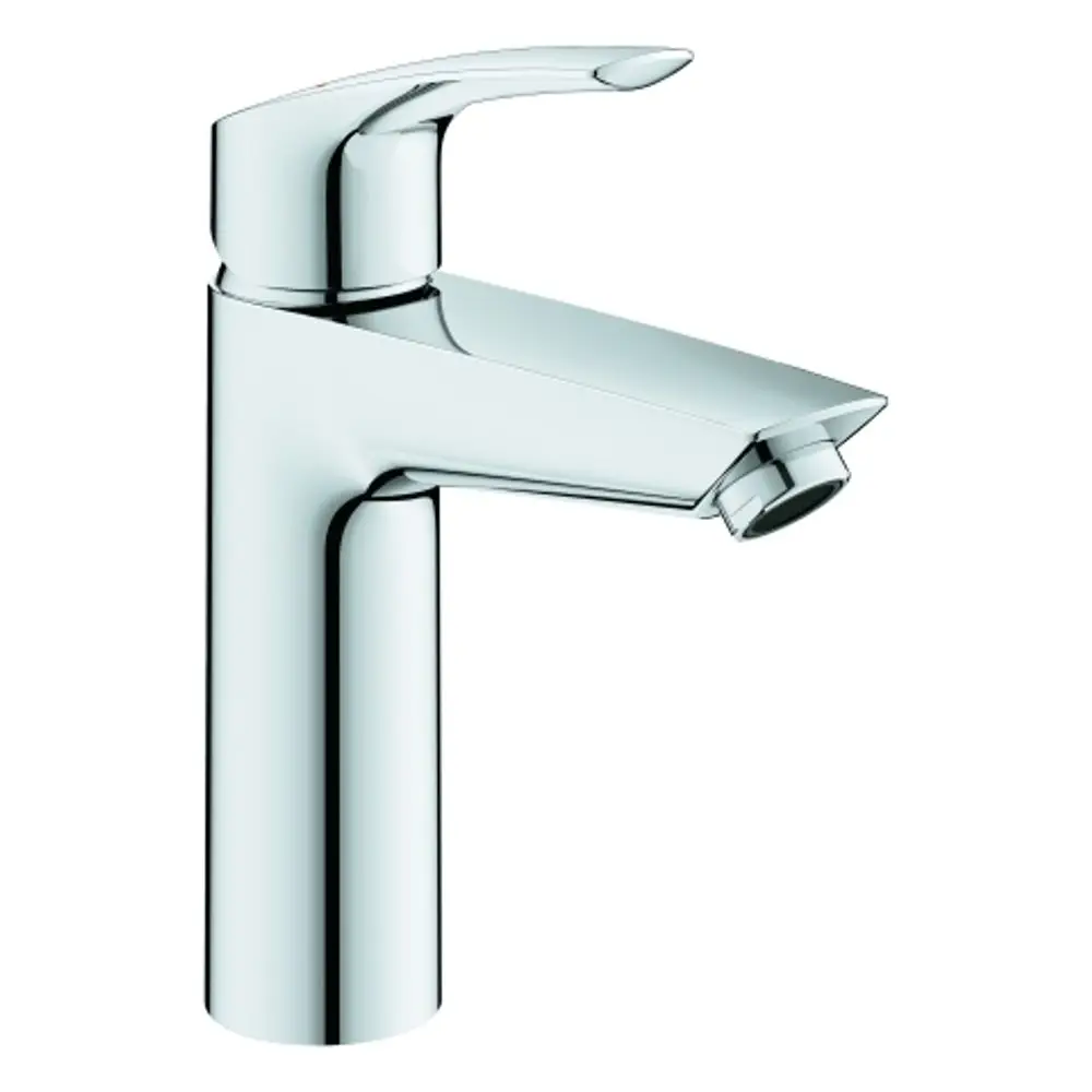 Moderner, verchromter Wasserhahn von Grohe mit schmalem, kantigem Design und einem Hebel zur Temperaturregelung. Ideal für Waschbeckenmontage.