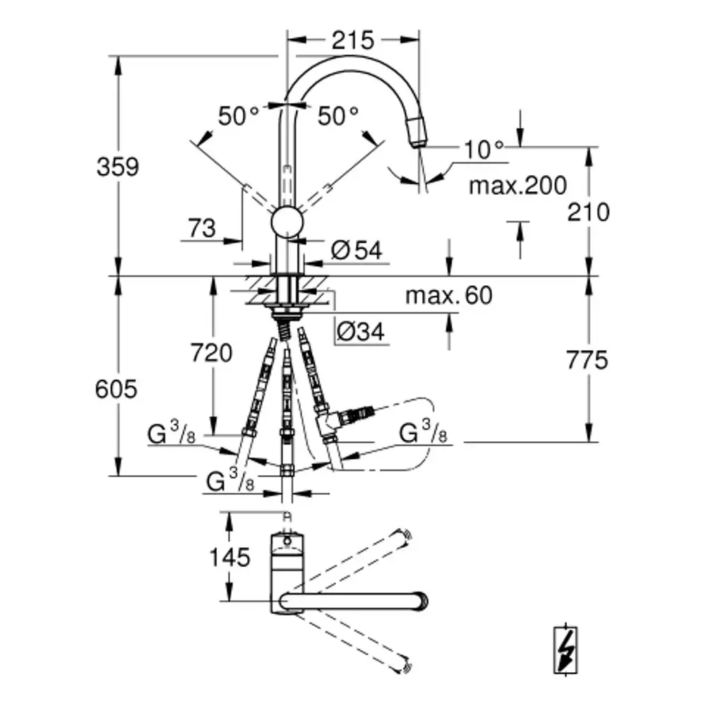Schematische Darstellung einer Grohe-Einhand-Spültischbatterie mit verstellbarem Auslauf, verschiedenen Anschlussmöglichkeiten und Maßangaben. 